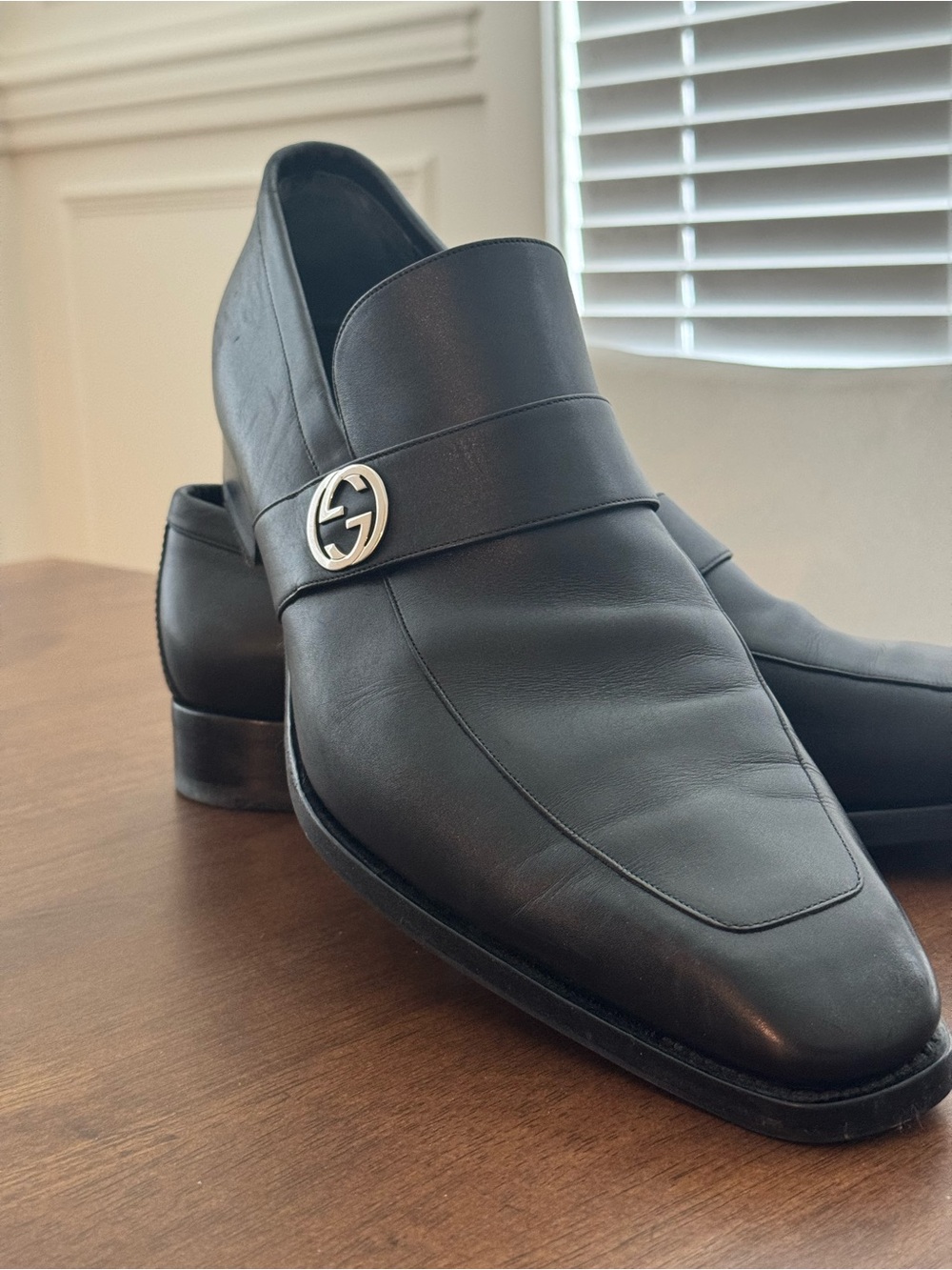 Gucci Black Leather Interlocking G Loafers  14D Excellent Made in Italy